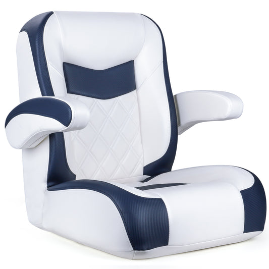 Luxury Recliner Sport Low Back Captains Chair Boat Seat with flip up armrests - Navy Blue/White