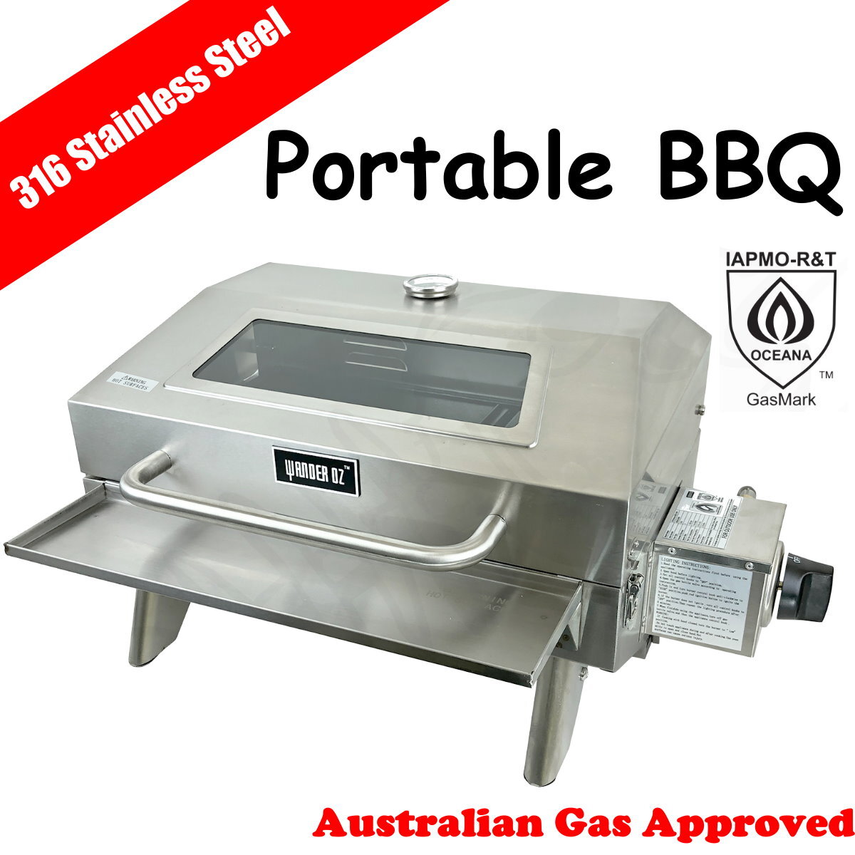 Portable 316 Marine Grade Stainless Steel BBQ with Windows, Tray & 1lb Bottle Adapter Portable 316 Marine Grade Stainless Steel BBQ with Windows, Tray & 1lb Bottle Adapter