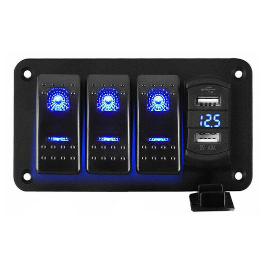 12V 24V 4 Gang Slimline LED Rocker Switch Panel with USB Charger Boat Caravan RV Kaiser Boating Australia