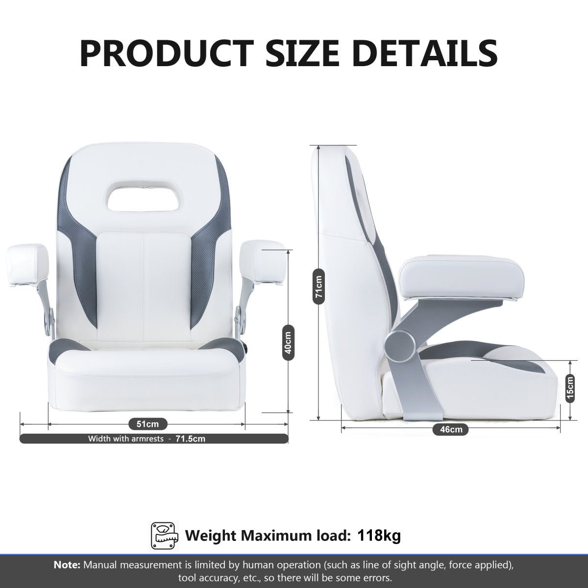 Luxury Recliner Sport High Back Captains Chair Boat Seat with fixed armrests - White/Charcoal