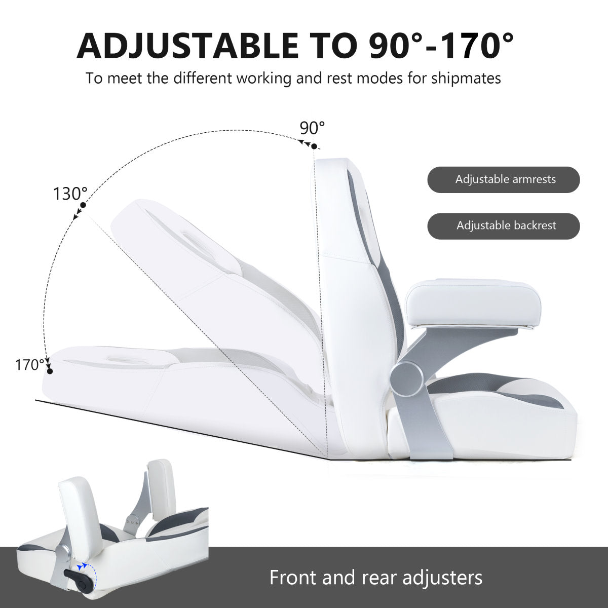 Luxury Recliner Sport High Back Captains Chair Boat Seat with fixed armrests - White/Charcoal