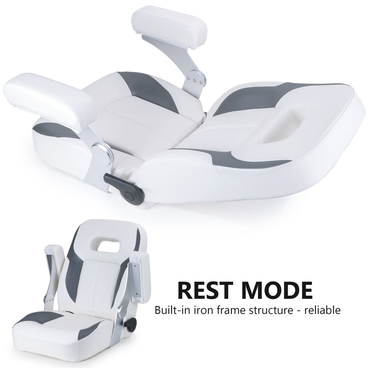 Luxury Recliner Sport High Back Captains Chair Boat Seat with fixed armrests - White/Charcoal