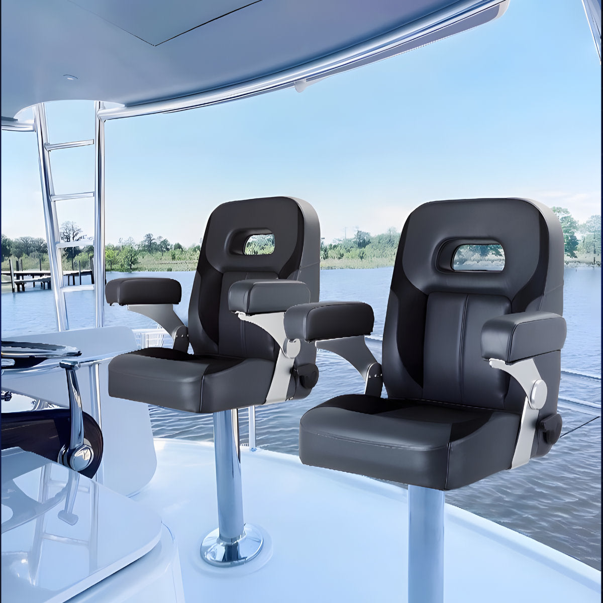 Luxury Recliner Sport High Back Captains Chair Boat Seat with fixed armrests - Charcoal/black