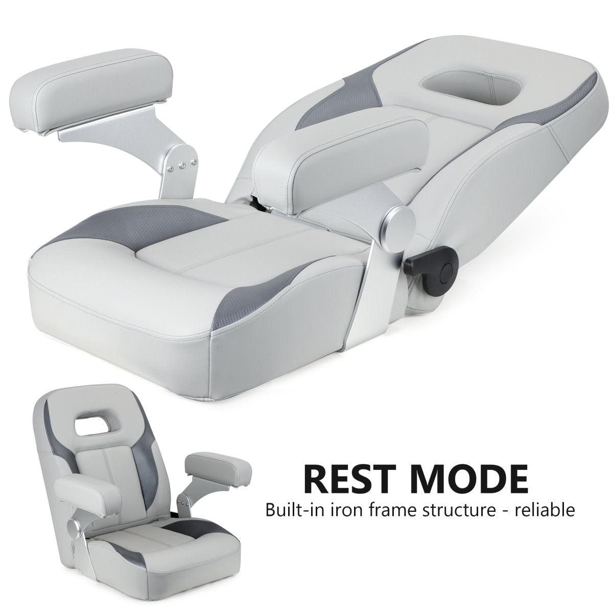 Luxury Recliner Sport High Back Captains Chair Boat Seat with fixed armrests - Grey/Charcoal