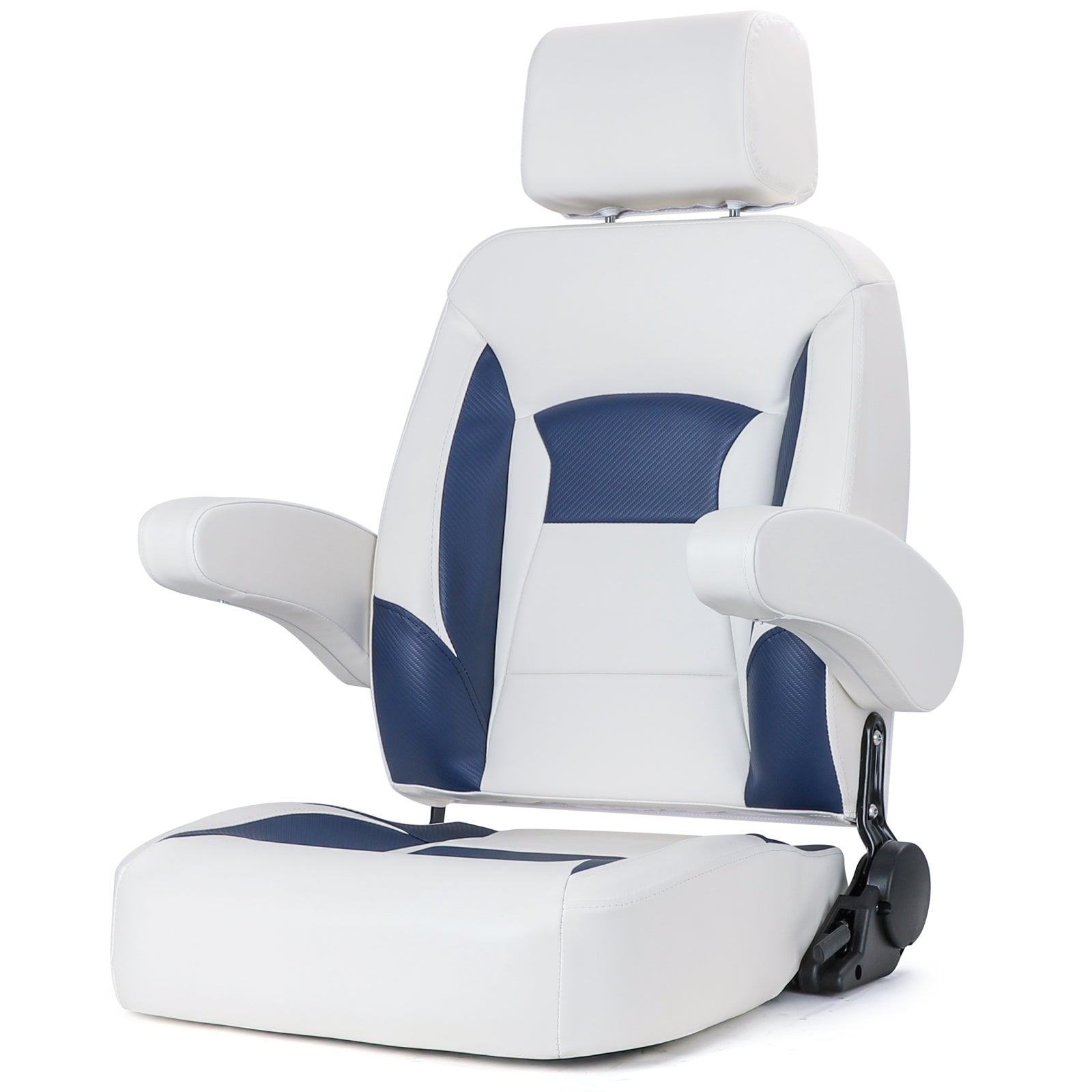 Recliner Sport High Back Captains Chair Boat Seat with Adjustable Headrest & flip up armrests - White/Navy Blue