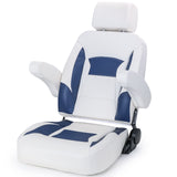 Recliner Sport High Back Captains Chair Boat Seat with Adjustable Headrest & flip up armrests - White/Navy Blue