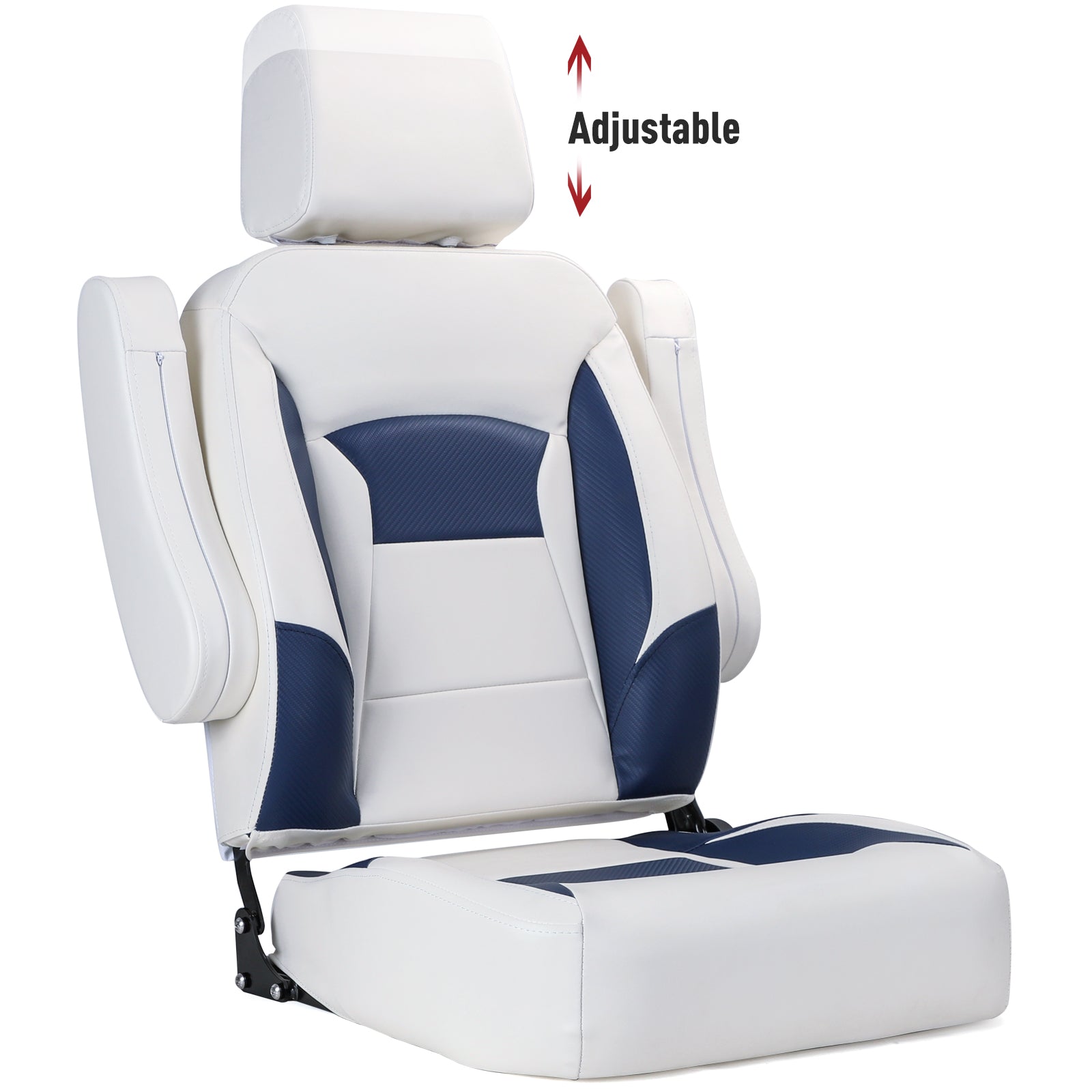 Recliner Sport High Back Captains Chair Boat Seat with Adjustable Headrest & flip up armrests - White/Navy Blue