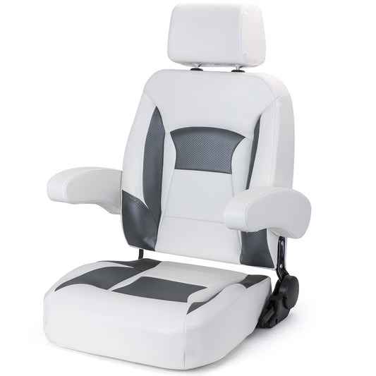 Recliner Sport High Back Captains Chair Boat Seat with Adjustable Headrest & flip up armrests - White/Charcoal