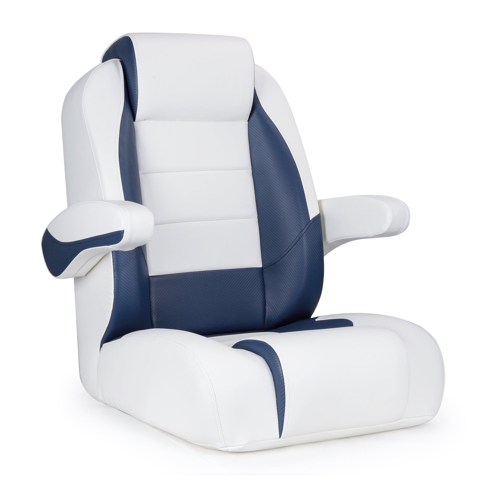 Luxury Recliner Sport High Back Captains Chair Boat Seat with flip up armrests - White/Navy Blue