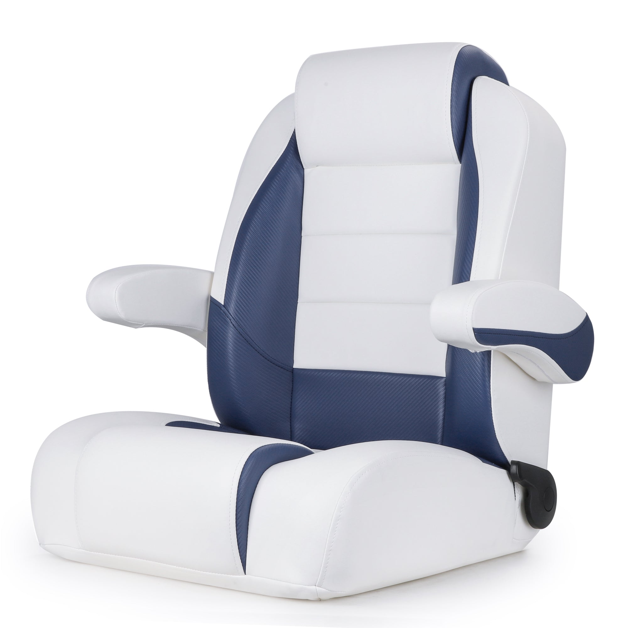 Luxury Recliner Sport High Back Captains Chair Boat Seat with flip up armrests - White/Navy Blue