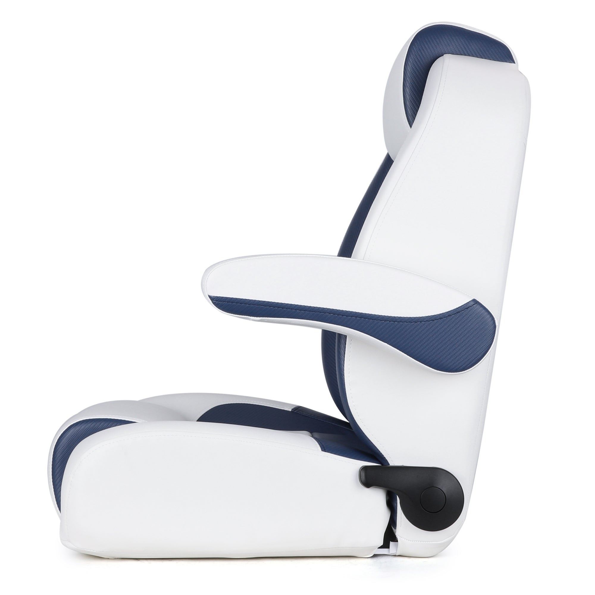 Luxury Recliner Sport High Back Captains Chair Boat Seat with flip up armrests - White/Navy Blue