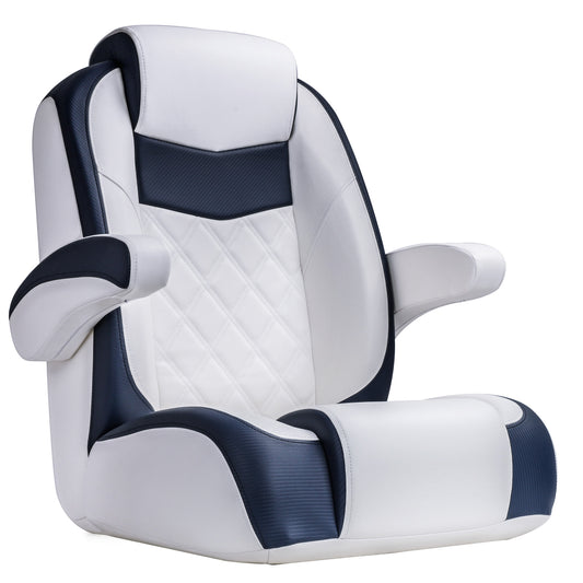 Luxury Recliner Sport High Back Captains Chair Boat Seat with flip up armrests - Navy Blue/White