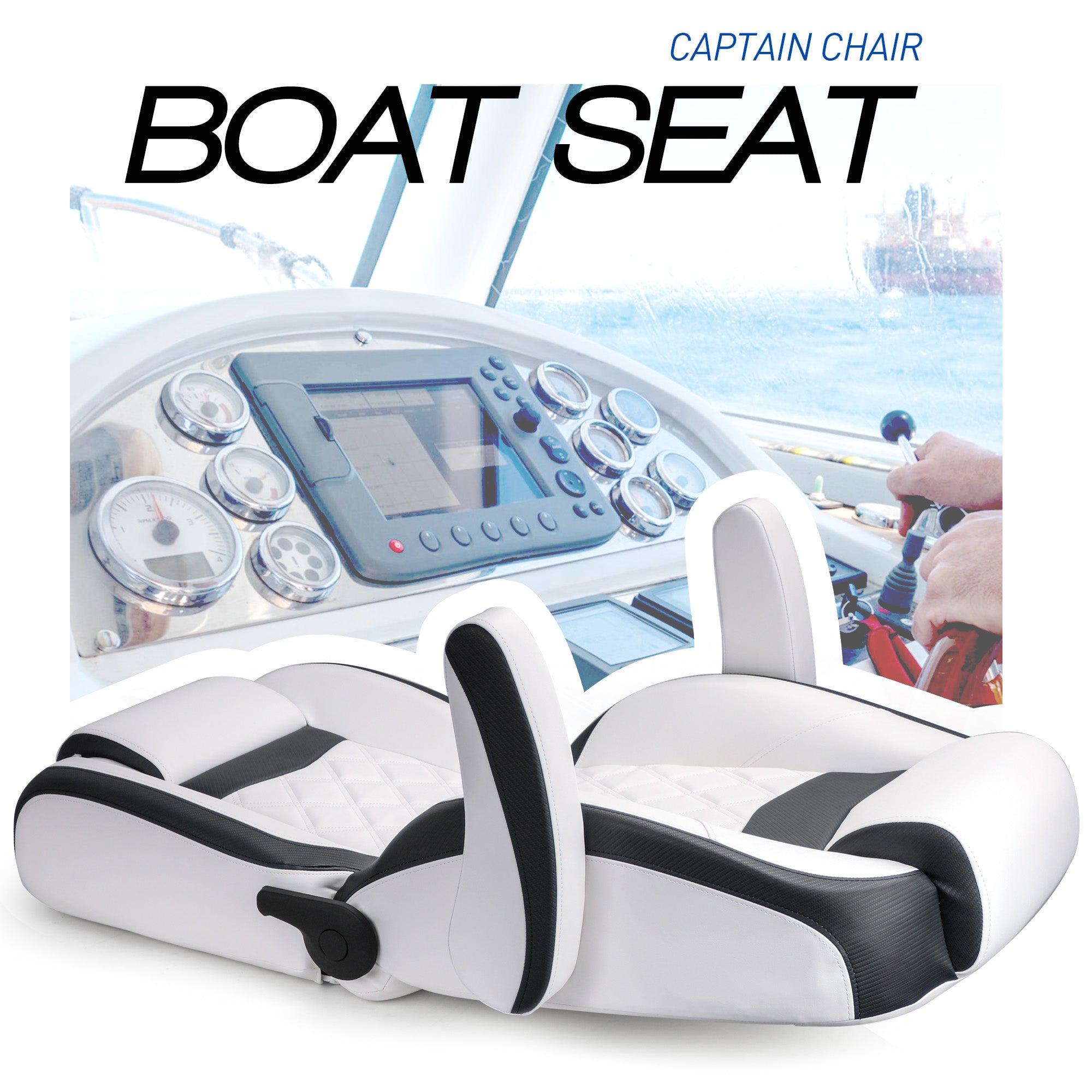 Luxury Recliner Sport High Back Captains Chair Boat Seat with flip up armrests - White/Black