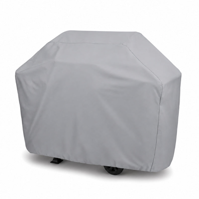 A light gray outdoor grill cover shown on a clean white background, with a small black wheel visible underneath.