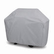 A light gray outdoor grill cover shown on a clean white background, with a small black wheel visible underneath.