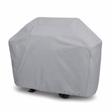 A light gray outdoor grill cover shown on a clean white background, with a small black wheel visible underneath.