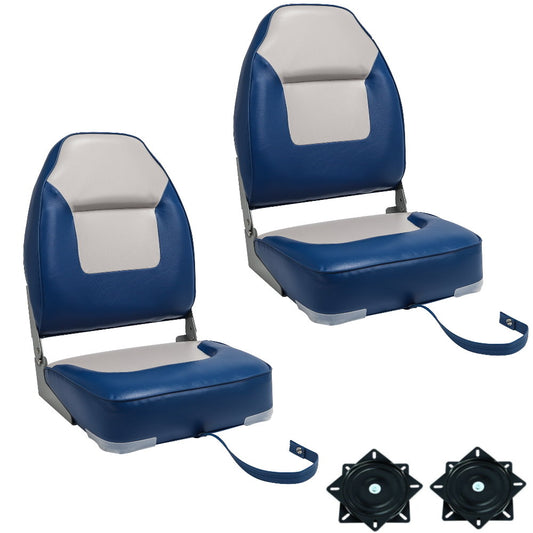 2 x High Back 28oz Marine Grade Vinyl Folding Boat Seat - Blue/Grey