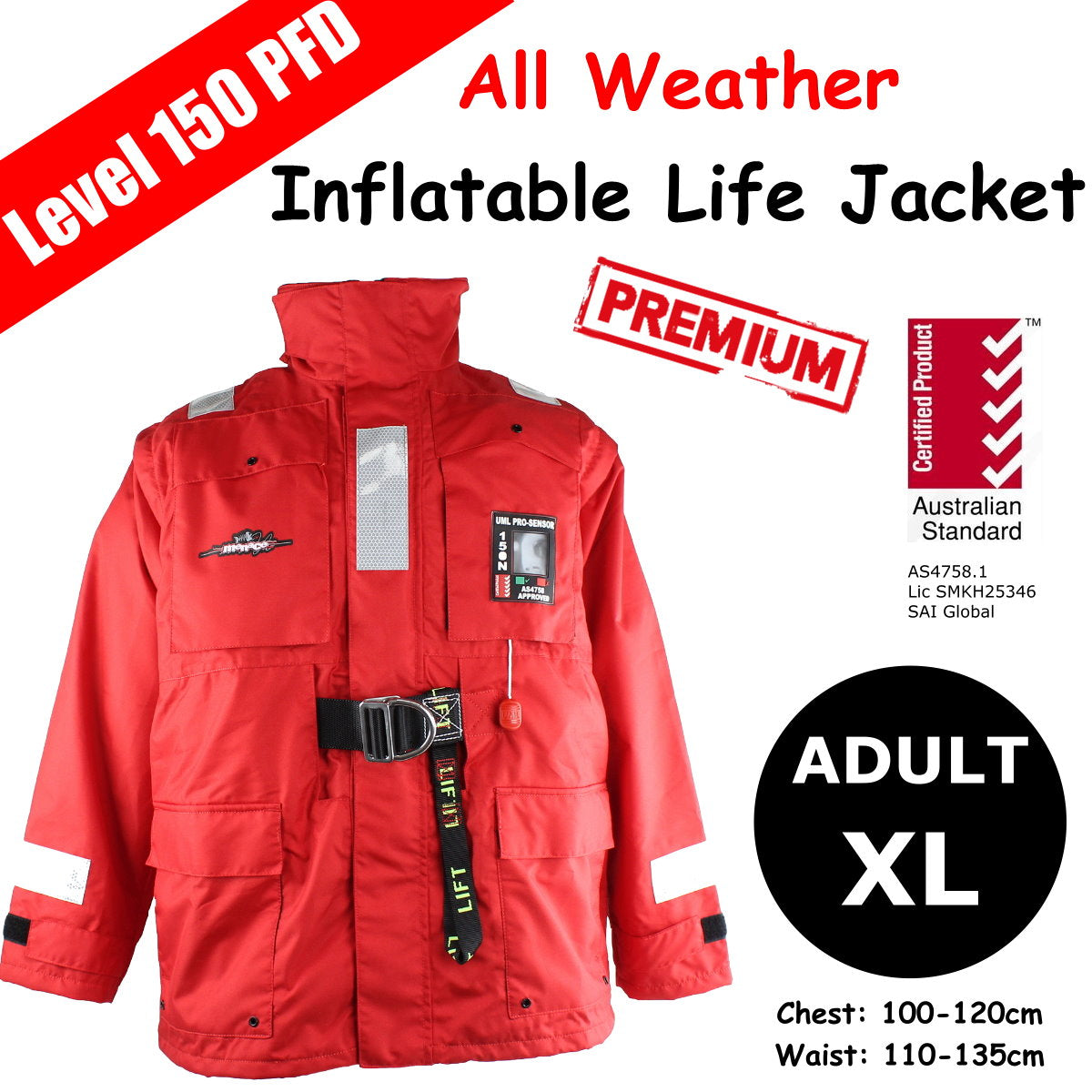 Premium All Weather Auto Inflatable PFD Life Jacket Level 150 Type 1 - XL
