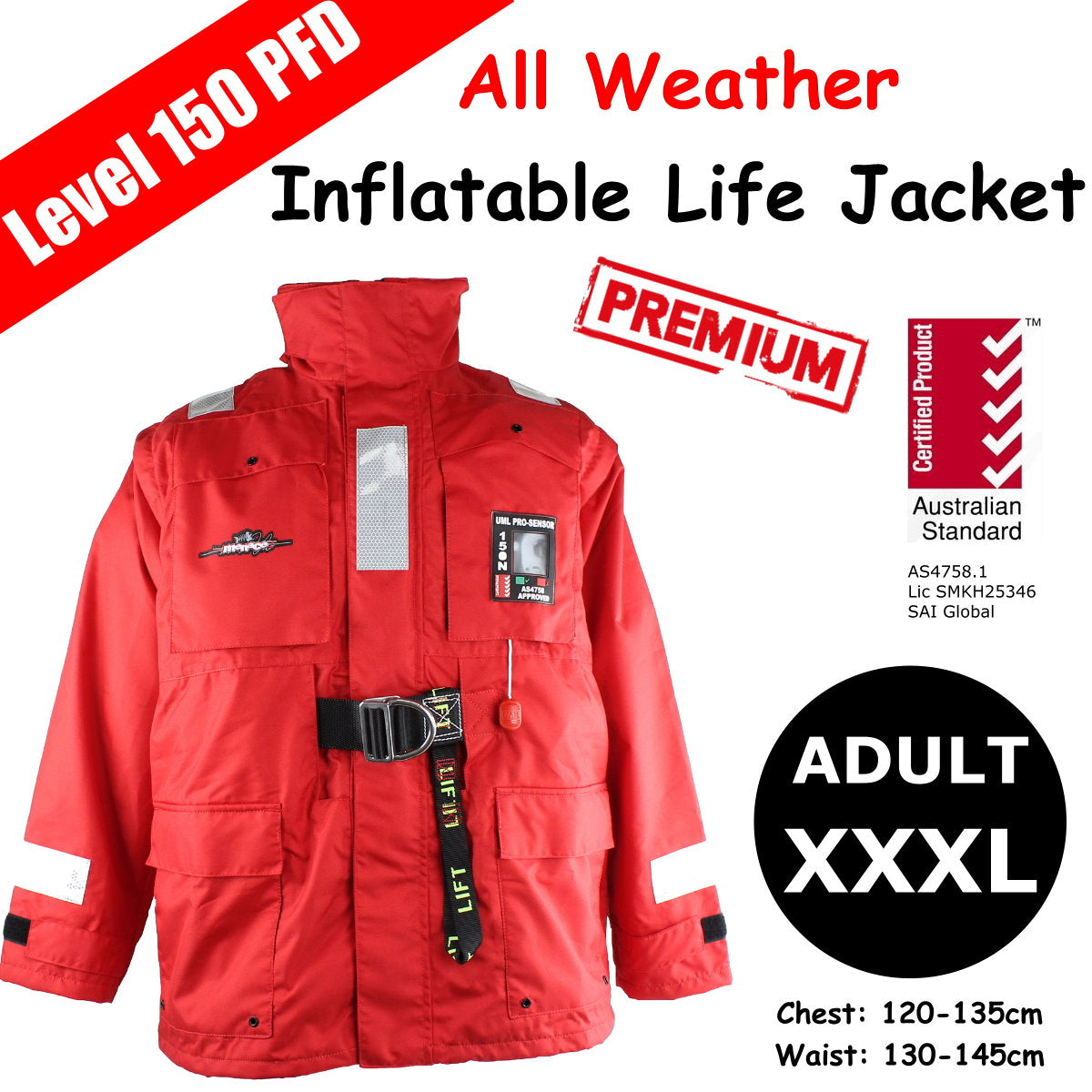 Premium All Weather Auto Inflatable PFD Life Jacket Level 150 Type 1 - XXXL