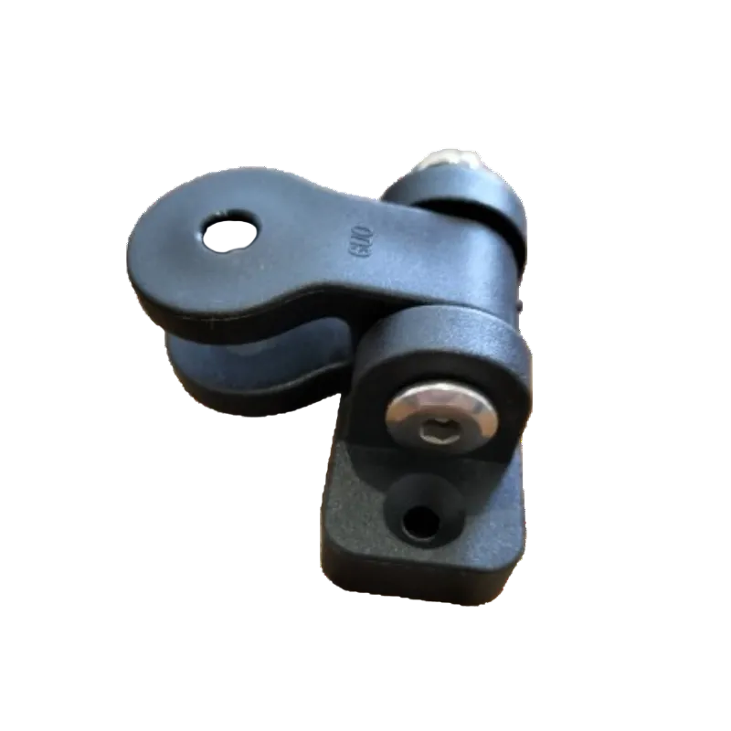 A black metal and plastic hinge or bracket component with a silver screw fastener, isolated on a white background.