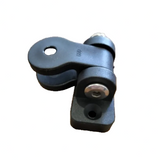 A black metal and plastic hinge or bracket component with a silver screw fastener, isolated on a white background.