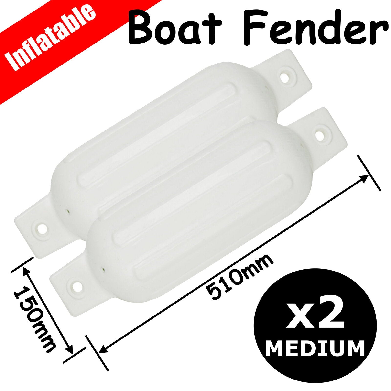 2 x MEDIUM Boat Fender 510x150mm Inflatable Marine Dock Buffer Twin Eye Ribbed White