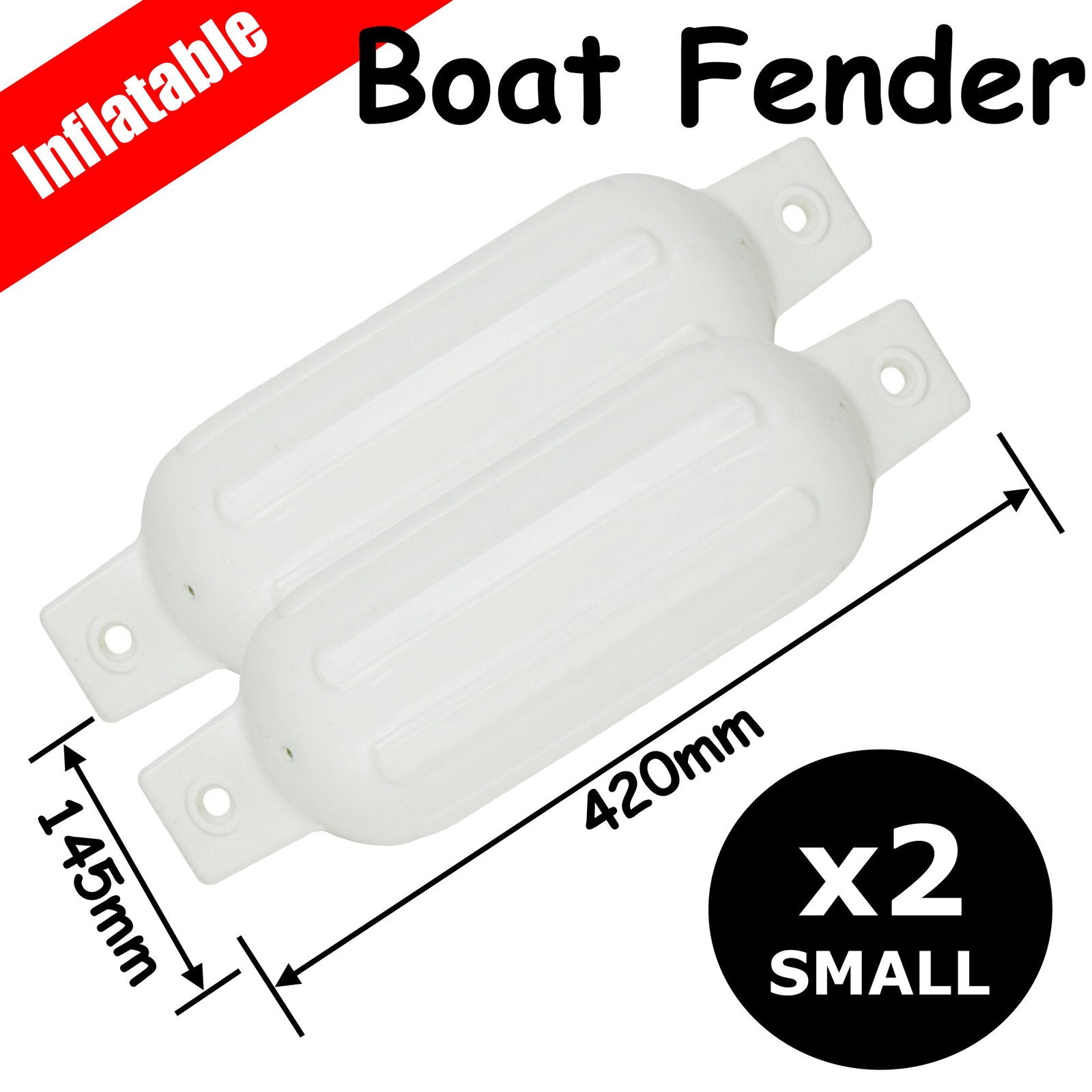 2 x SMALL Boat Fender 420x145mm Inflatable Marine Dock Buffer Twin Eye Ribbed White