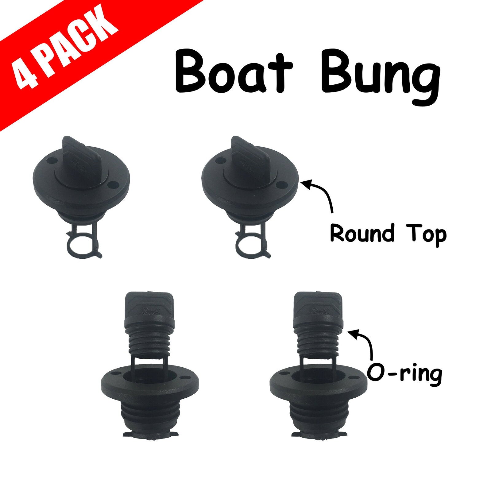 4 x Complete Boat Bung Set - Round Top - Black