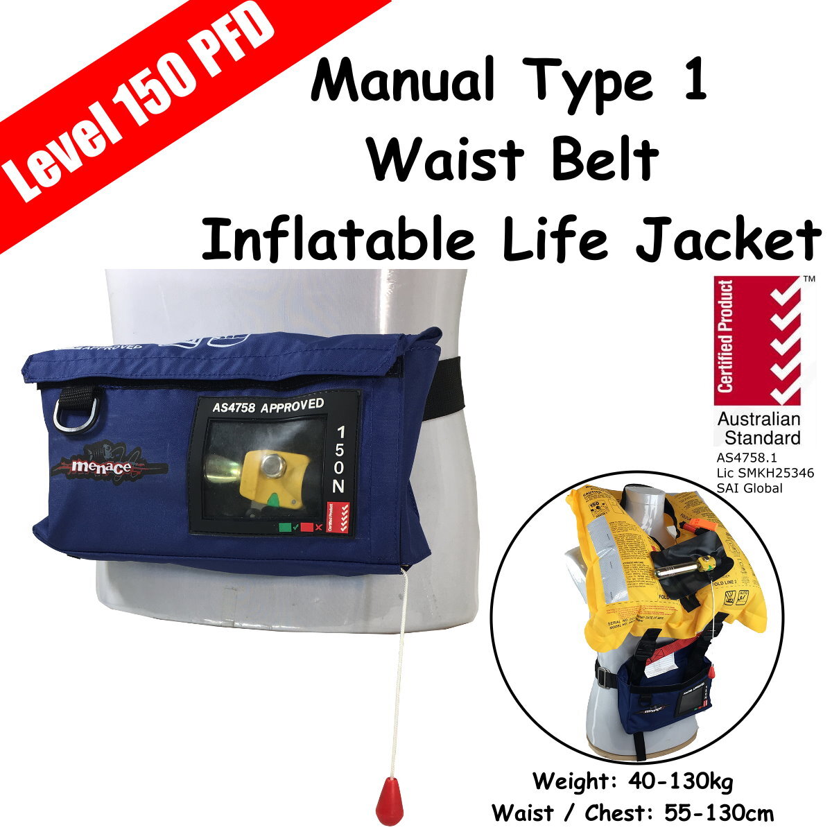 Inflatable Waist Belt Life Jacket PFD 1 Level 150 Blue Australian