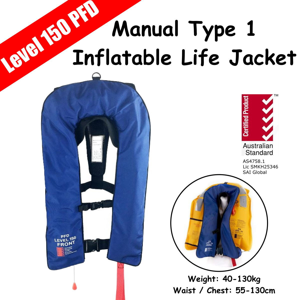 Inflatable Life Jacket PFD 1 Level 150 - Blue (Economy Version) - Australian Standard AS 4758