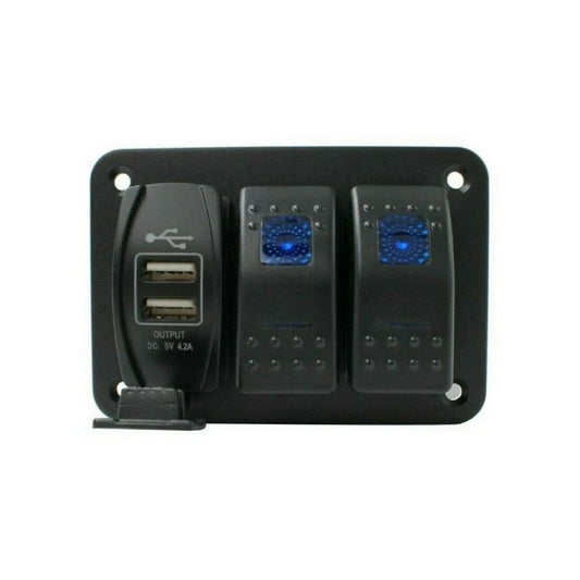 12V 24V 3 Gang Slimline LED Rocker Switch Panel with USB Charger Boat Caravan RV