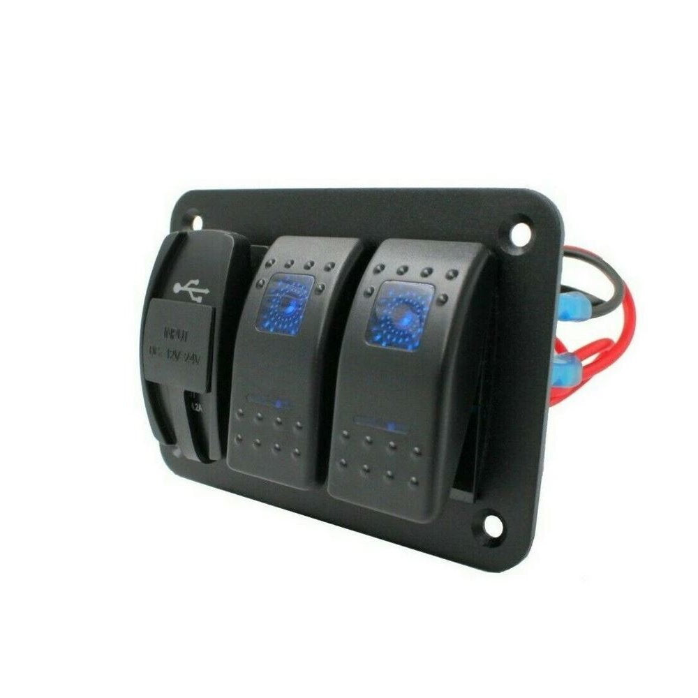 12V 24V 3 Gang Slimline LED Rocker Switch Panel with USB Charger Boat Caravan RV